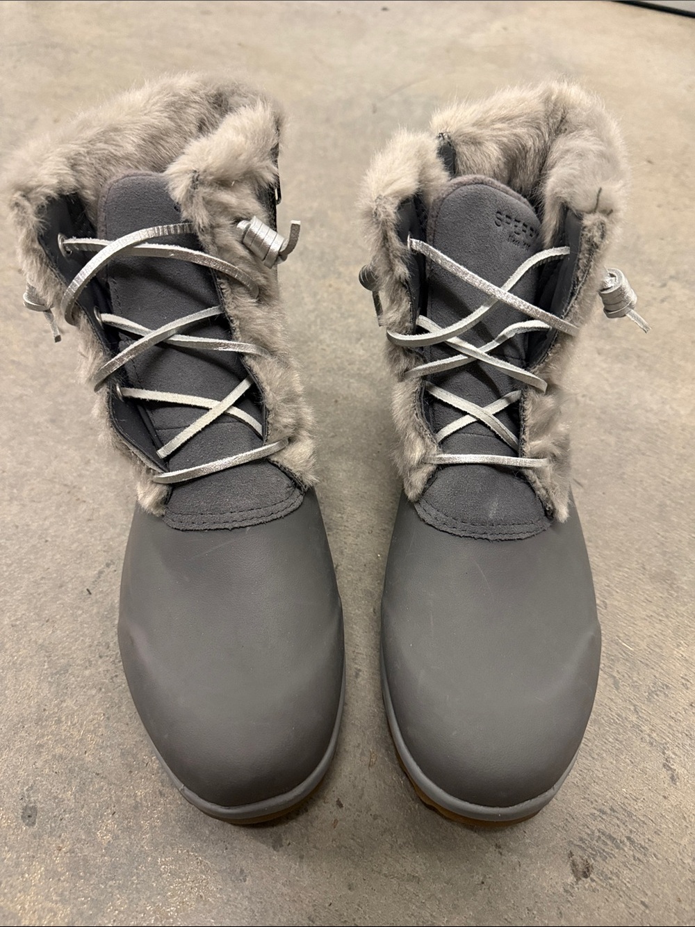 Sperry Gray Faux-Fur Trim Winter Lace-Up Boots